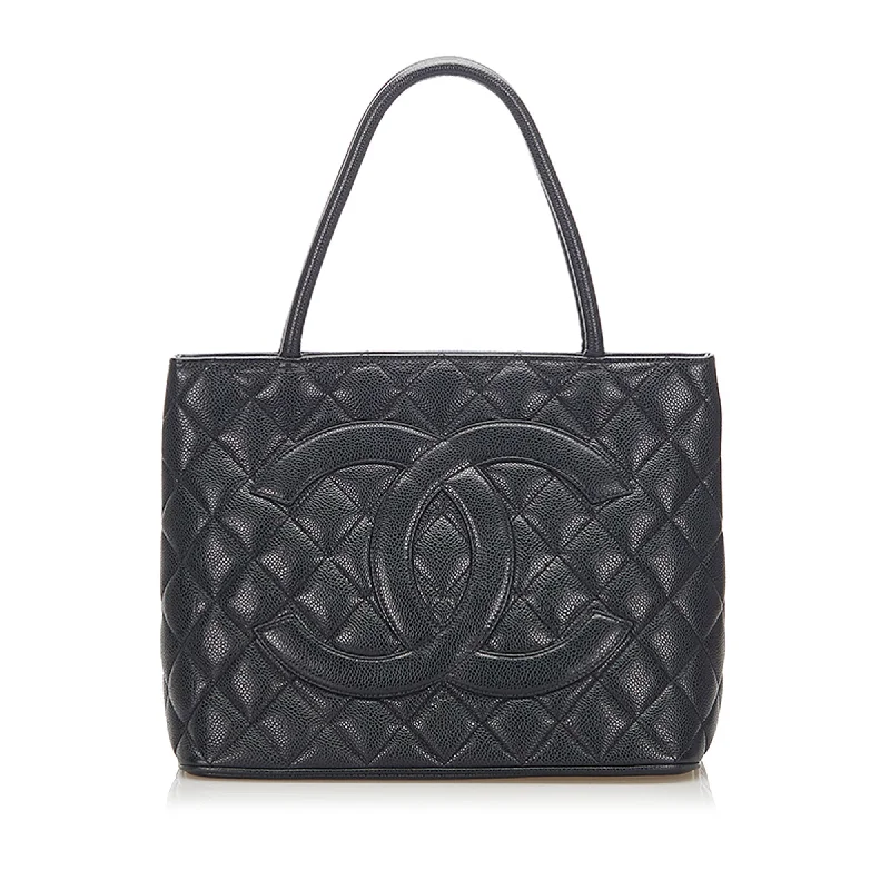 Minimalist leather handbagsMedallion Caviar Leather Tote Bag in Black with SHW