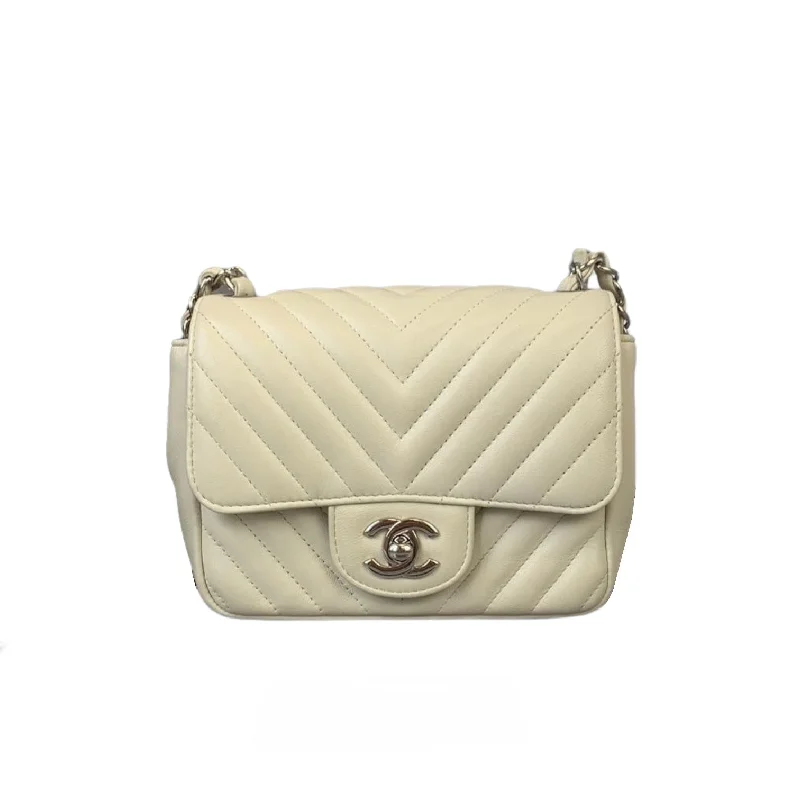 Luxury bags with chain strapsChevron Flap Mini Square Ivory White SHW