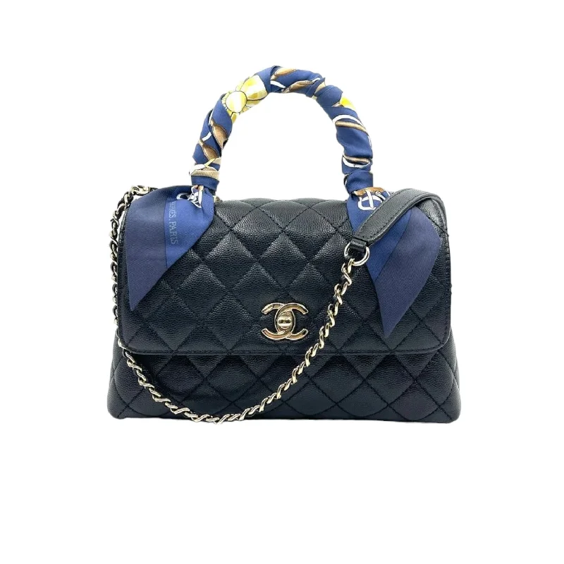 Affordable luxury bags Coco Handle Mini Caviar Quilted with Hermes Twilly Black GHW