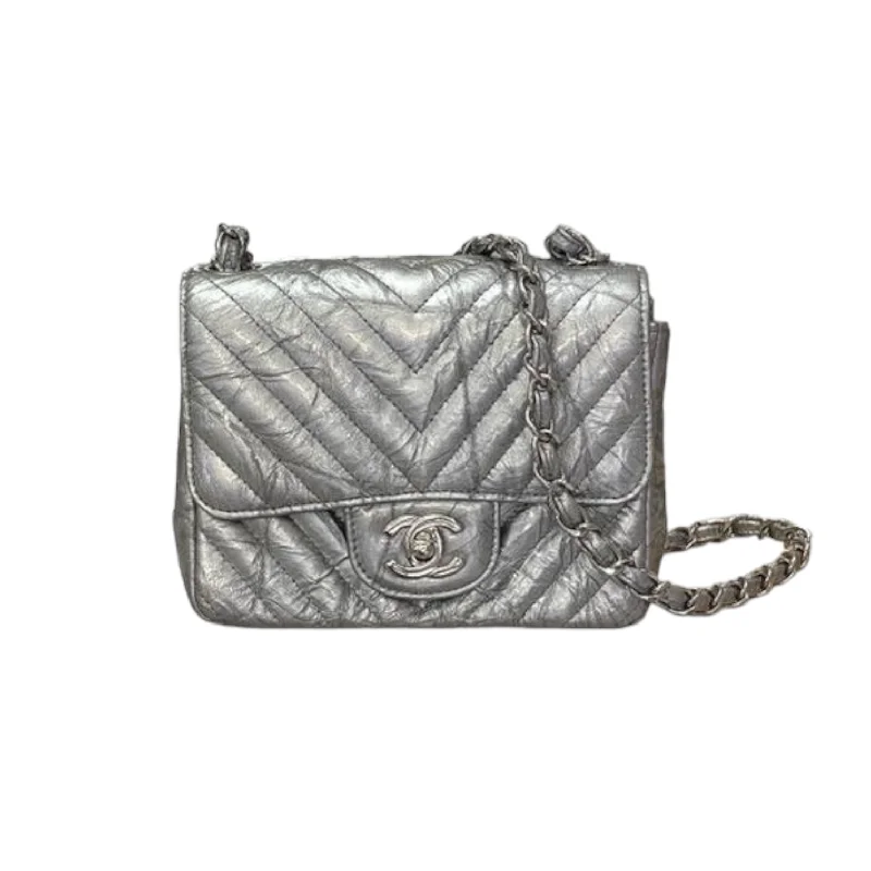 Designer bags for womenPatent Crumpled Calfskin Chevron Mini Square Flap Silver