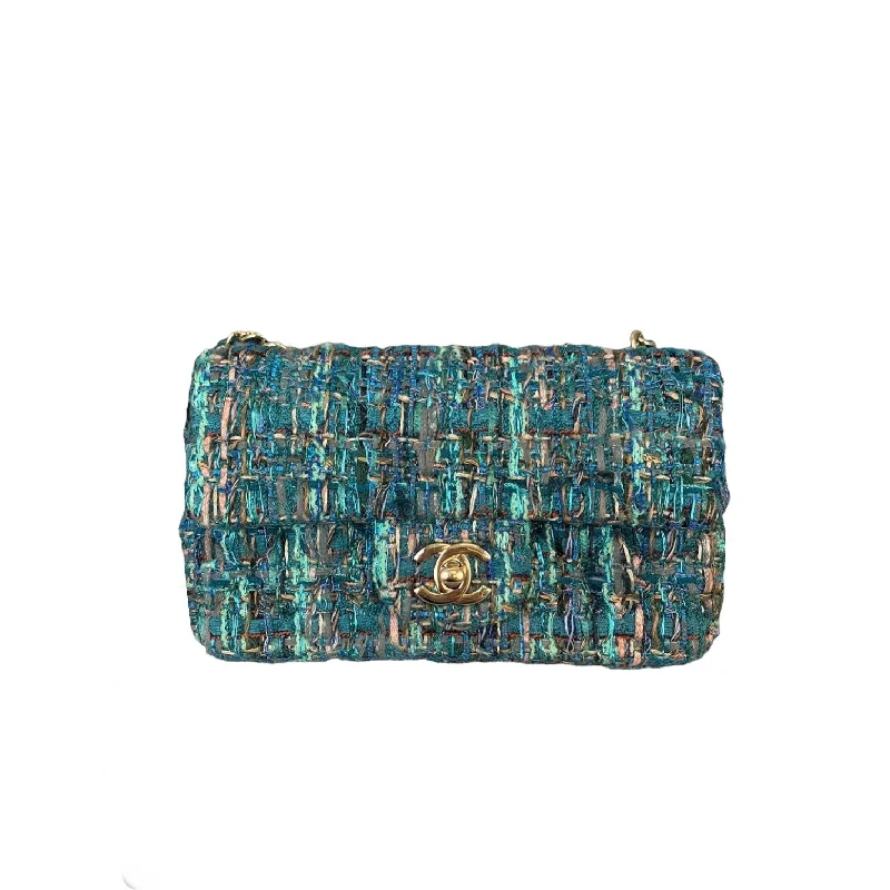 Vegan leather handbagsMini Rectangular Flap Tweed Blue GHW