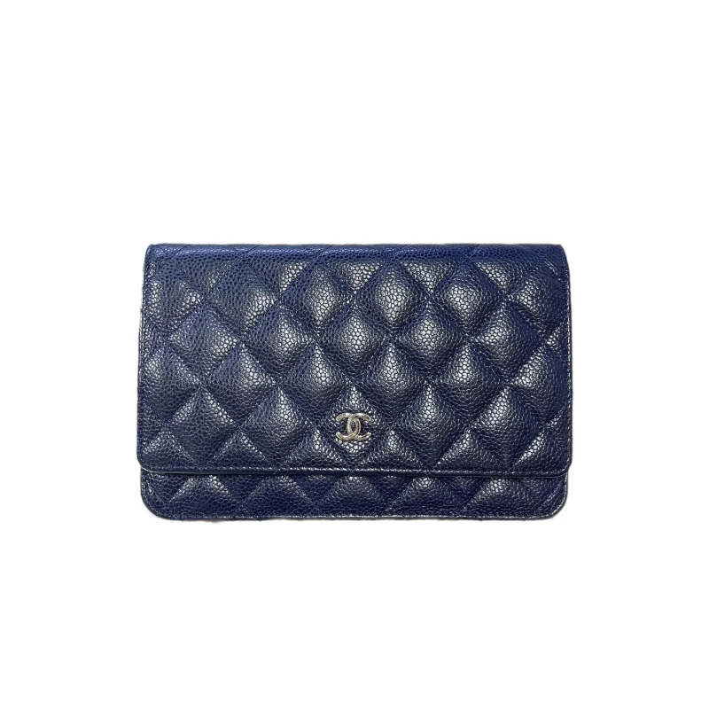 Designer bags with gold hardwareCaviar Wallet on Chain Navy Blue SHW