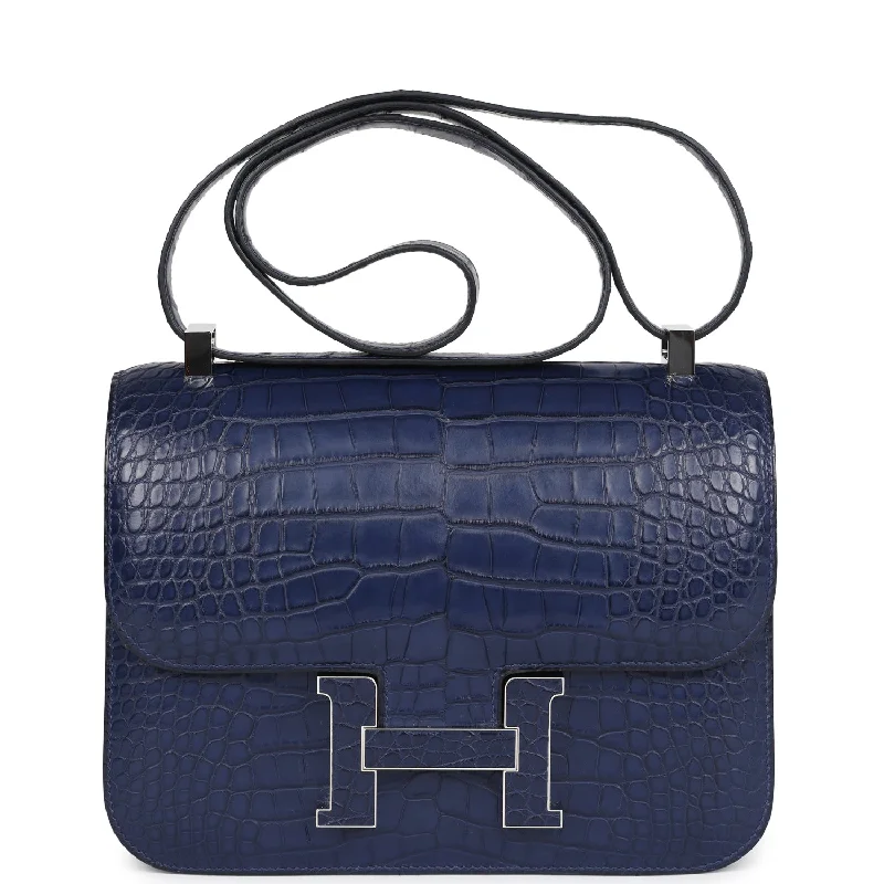 Compact crossbody bags for travelHermes Constance 1-24 Bleu Saphir Matte Alligator Marquette Palladium Hardware