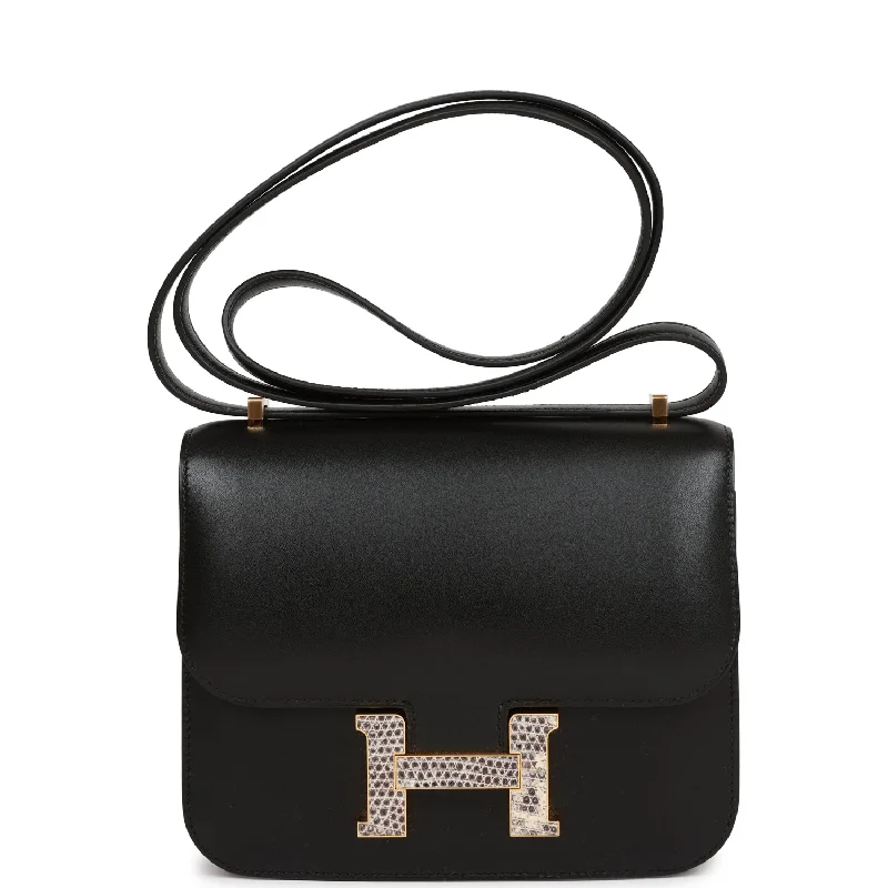 Luxury handbags 2025Hermes Constance 18 Black Tadelakt and Ombre Lizard Gold Hardware