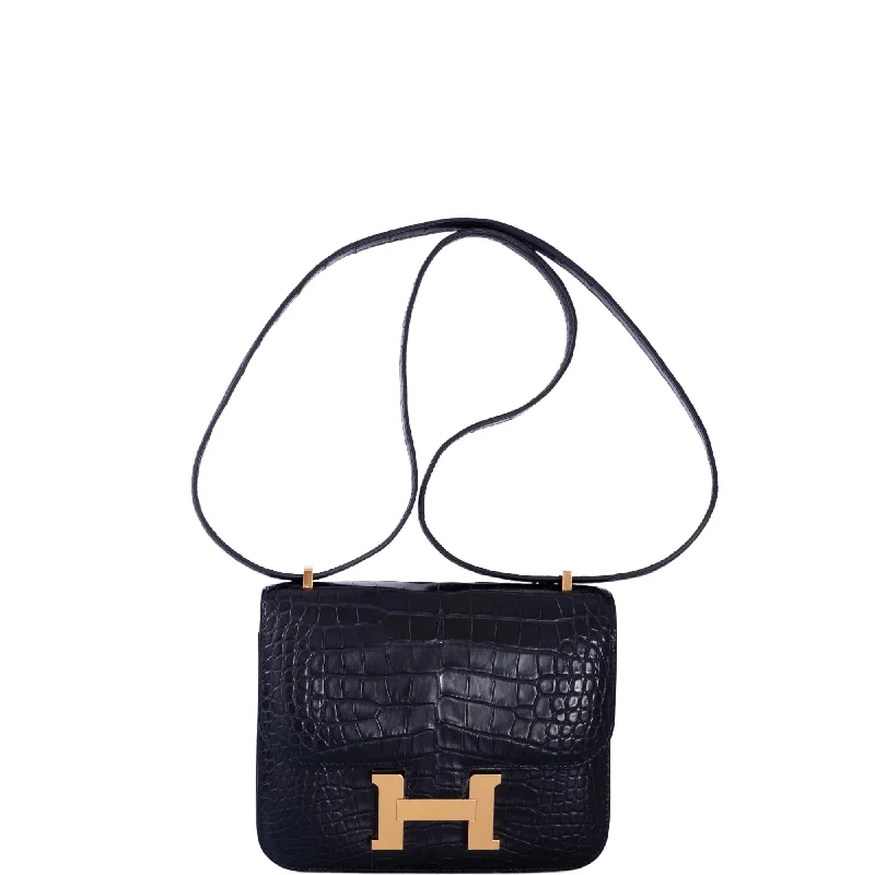 Designer bags with gold hardwareHermès Constance 18 Matte Black Alligator with Gold