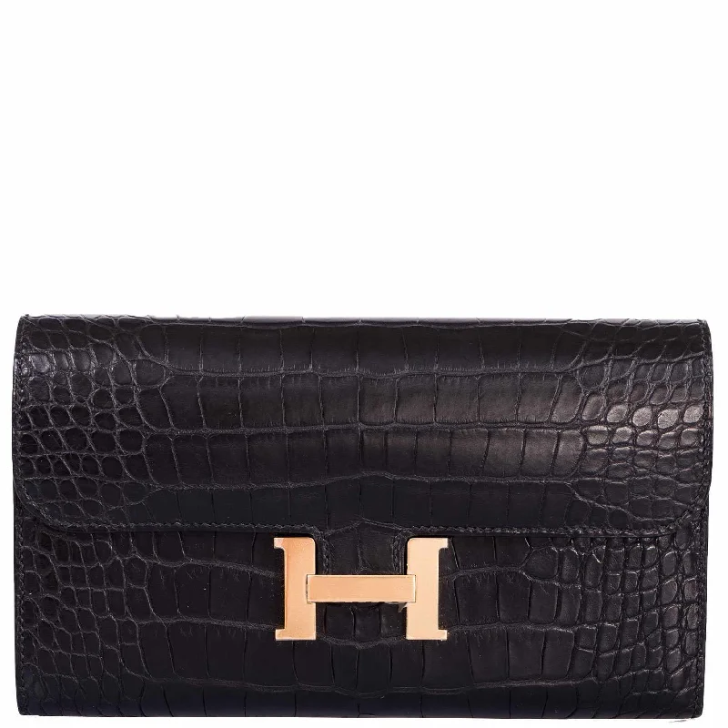 Luxury bags with chain strapsHermès Constance Long Wallet Black Matte Alligator Gold Hardware