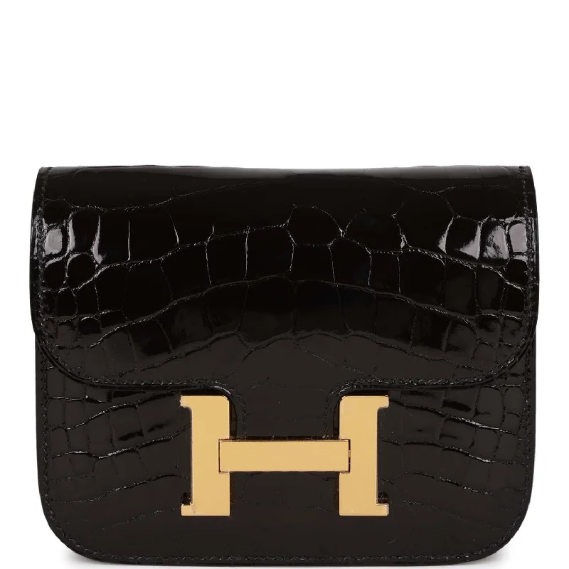 Best-selling designer bags 2025Hermes Constance Slim Wallet Shiny Black Alligator Gold Hardware