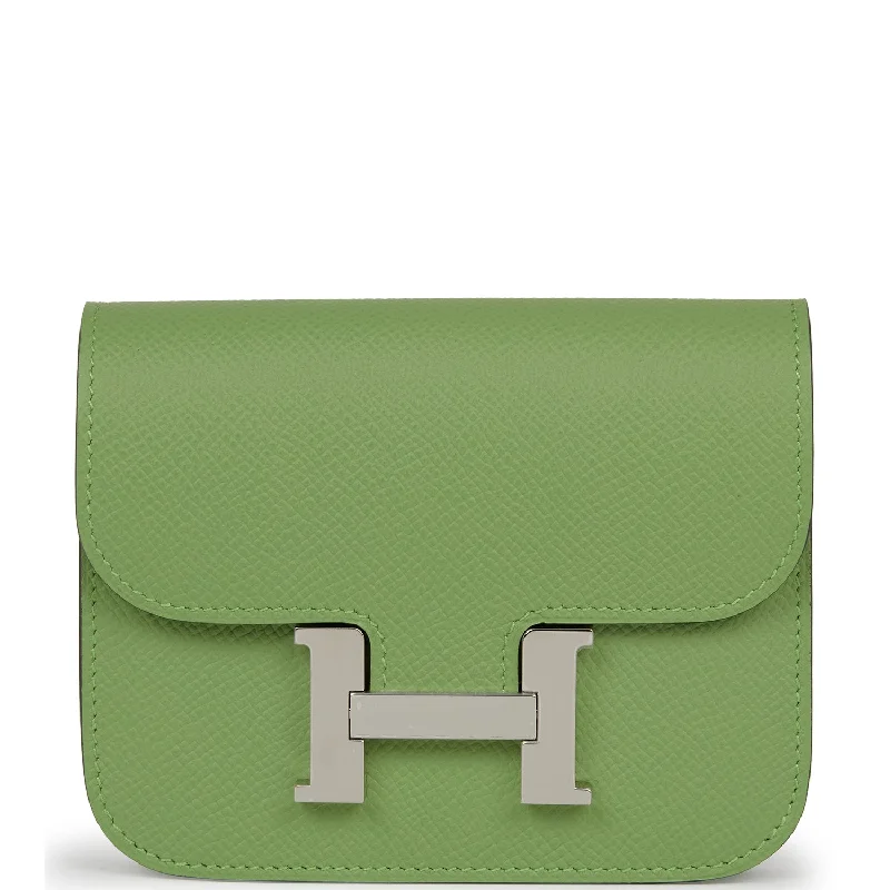 Vegan leather handbagsHermes Constance Slim Wallet Vert Criquet Epsom Palladium Hardware