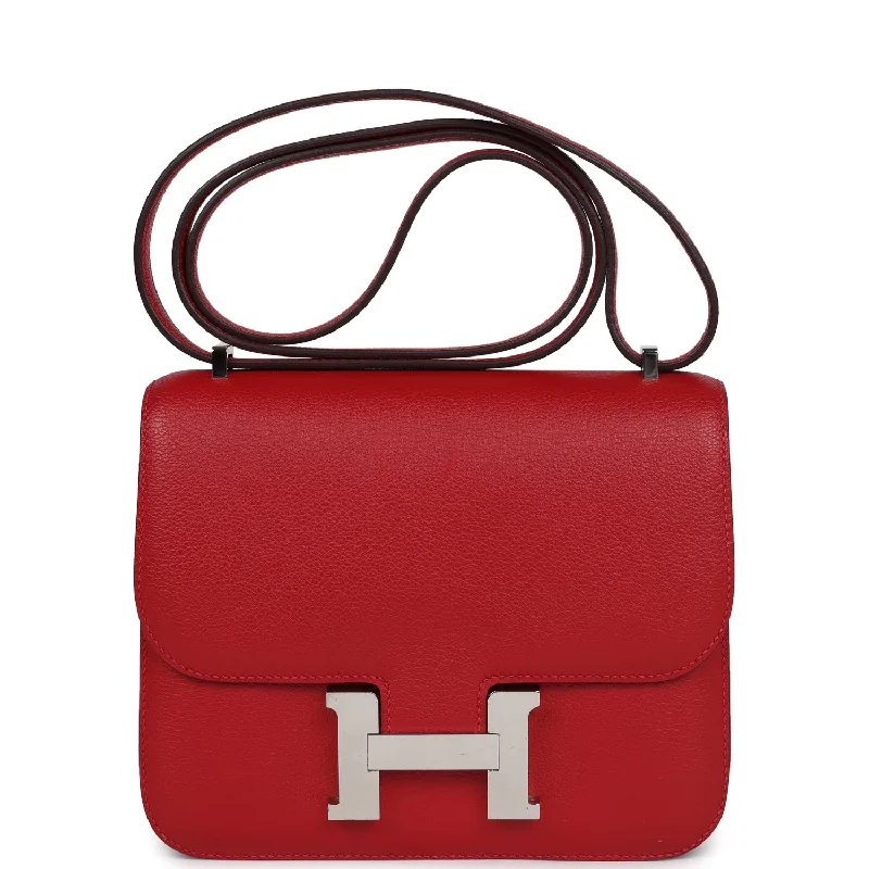 Durable leather bags for daily usePre-owned Hermes Constance 18 Rouge Casaque Evercolor Palladium Hardware