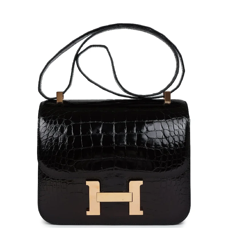 Best tote bags for workPre-owned Hermes Constance 24 Black Shiny Alligator Rose Gold Hardware