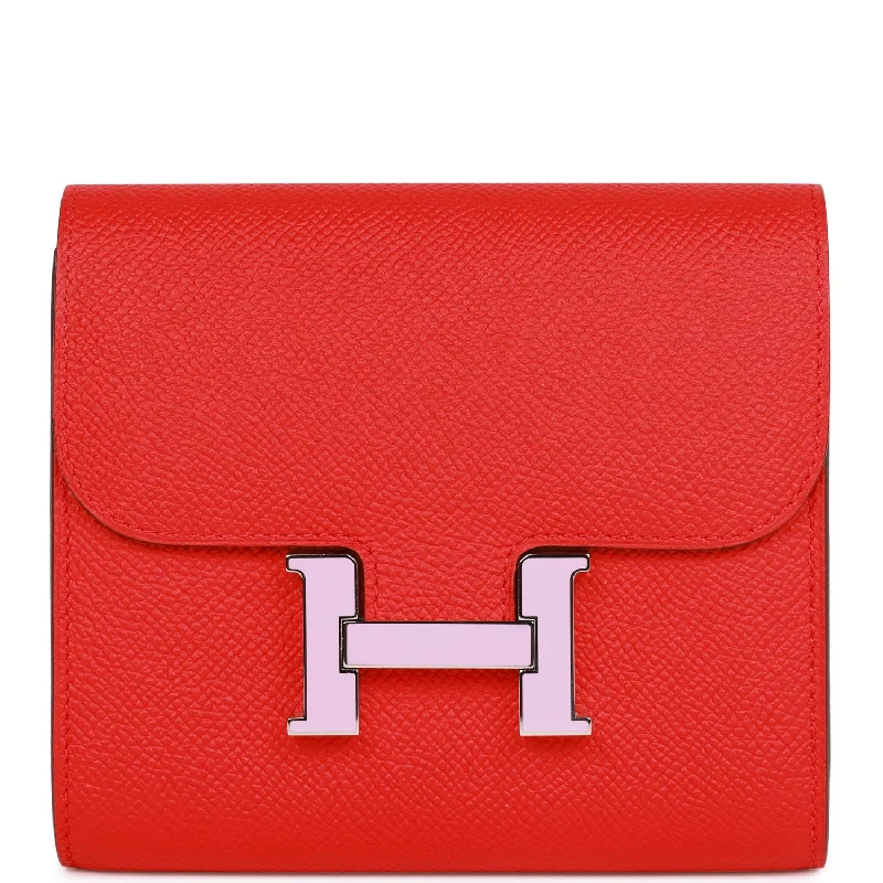 Designer bags with detachable strapsPre-owned Hermes Constance Compact Wallet Rouge de Coeur Epsom Rose Sakura Enamel and Palladium Hardware