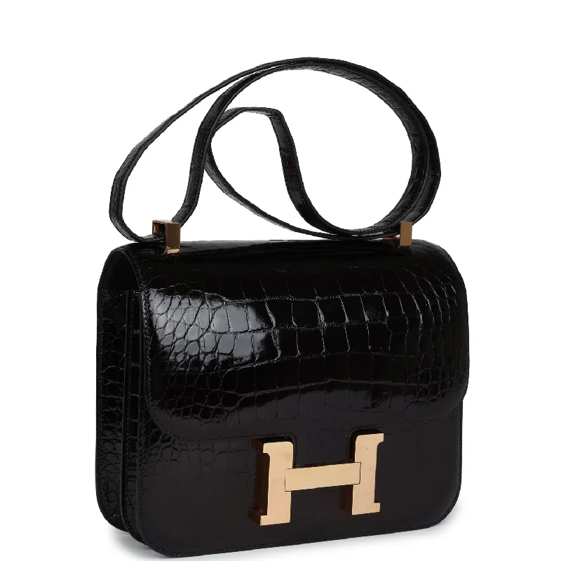 Affordable luxury bags Hermes Constance 24 Black Shiny Alligator Rose Gold Hardware