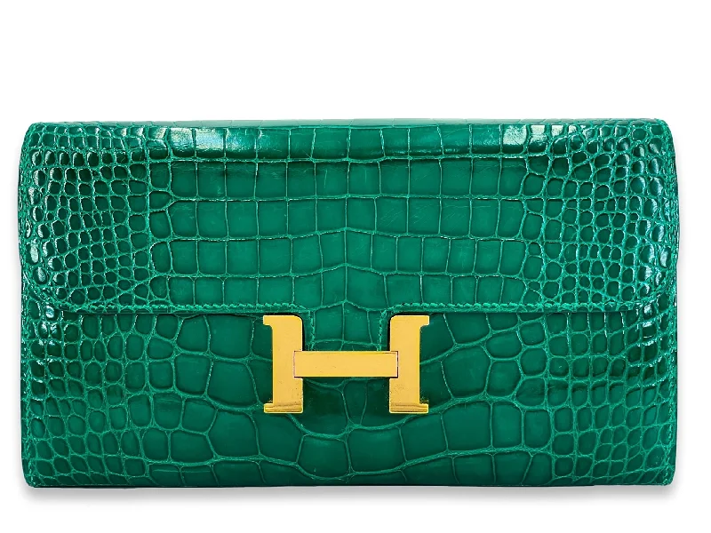 High-quality leather messenger bagsHermès Emerald Green Shiny Alligator Crocodile Constance Long Wallet Clutch Bag L2B