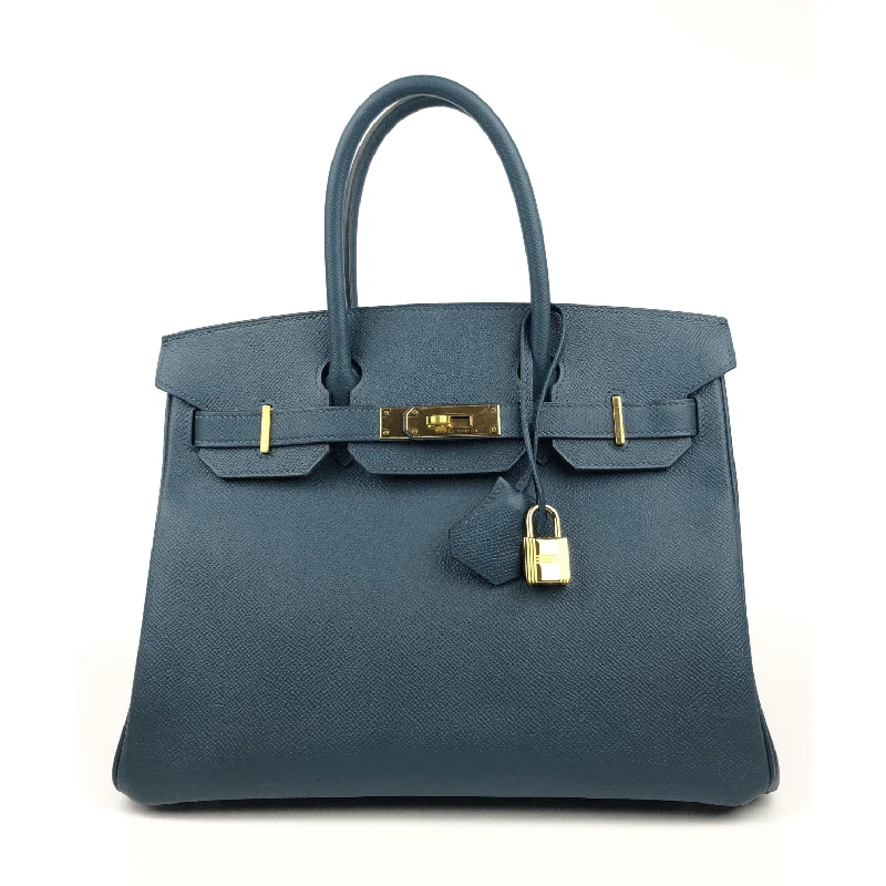 Designer bags with gold hardwareHermes 30 cm Blue Colvert Epsom Birkin with Gold Hardware