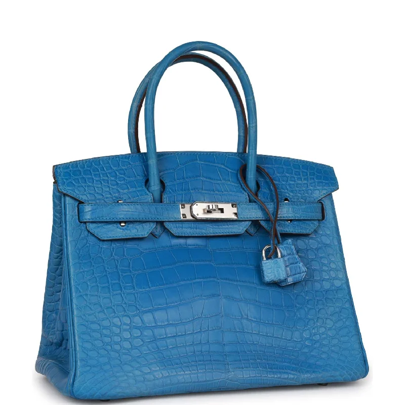 Trendy bucket bags for summerTop Quality Hermes Birkin 30 Bleu Mykonos Matte Alligator Palladium Hardware