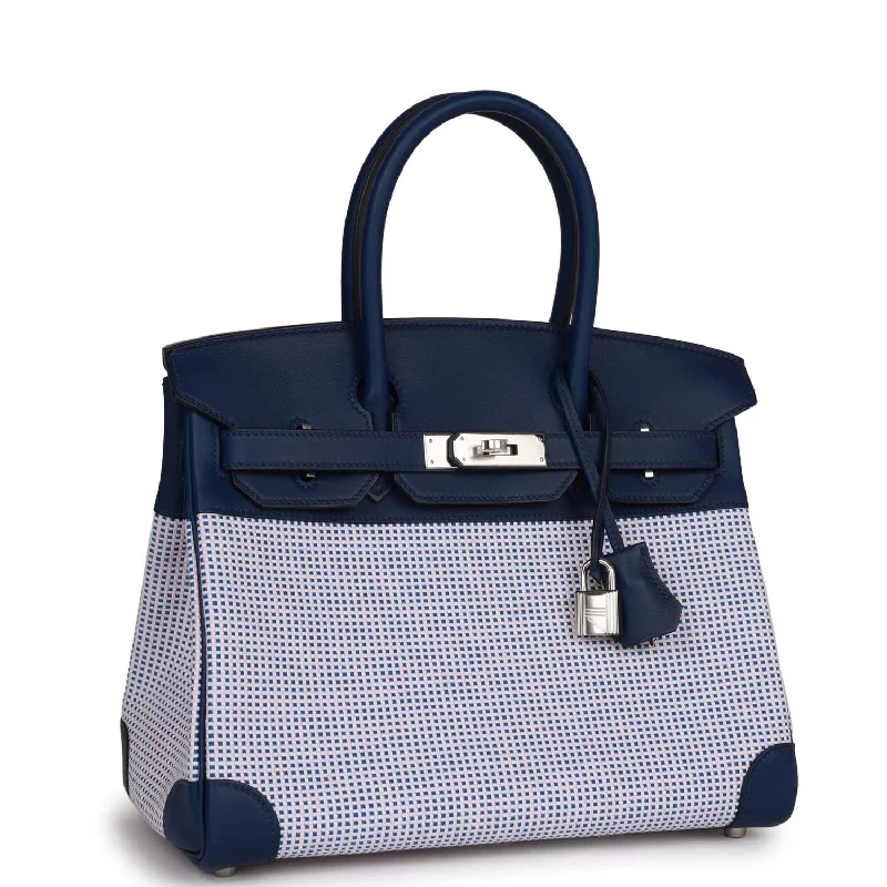 Mini bags for evening outHermes Quadrille Birkin 30 Bleu Saphir Swift and Ecru Mauve Toile Palladium Hardware