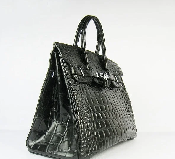 Large capacity travel bagsHermes Birkin 35cm Crocodile Big Veins Handbags Black Silver