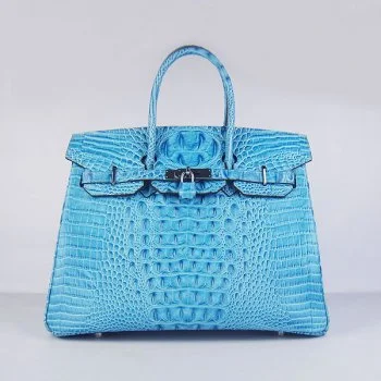 Luxury brand bags on saleHermes Birkin 35cm Crocodile Head Veins Handbags Light Blue Silver