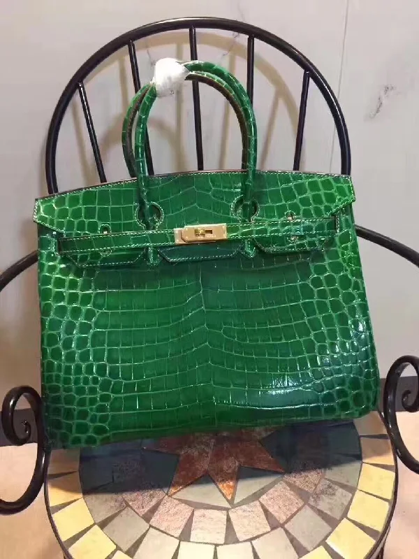 Affordable luxury bags Hermes Birkin 35cm Crocodile Leather Handbag Green Gold