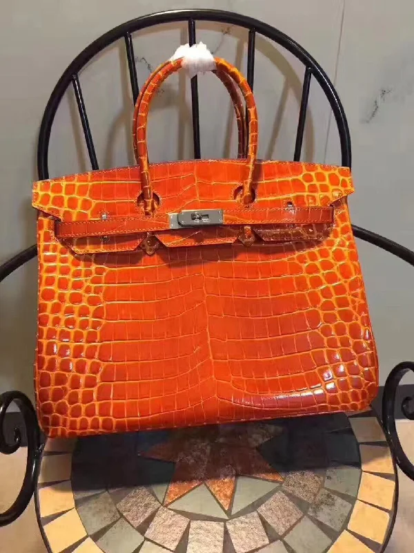 Trendy bucket bags for summerHermes Birkin 35cm Crocodile Leather Handbag Orange Silver