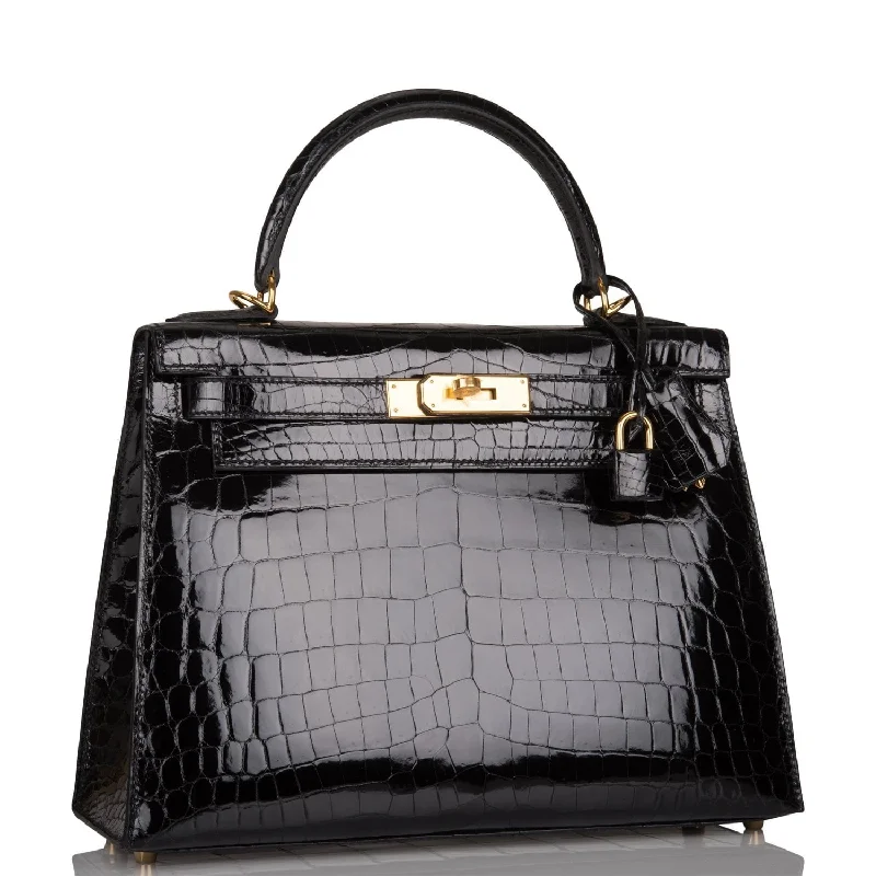 Customizable monogram bagsHermes Kelly Sellier 28 Black Shiny Niloticus Crocodile Gold Hardware