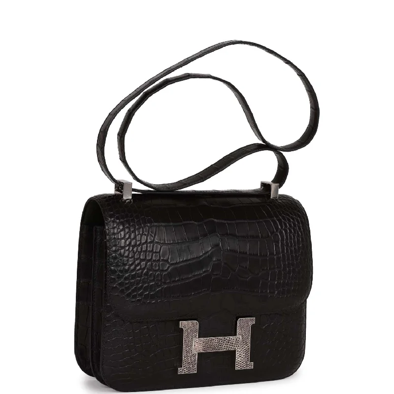 Affordable luxury bags Hermes Constance 24 Black Matte Alligator and Ombre Lizard Marquette Palladium Hardware