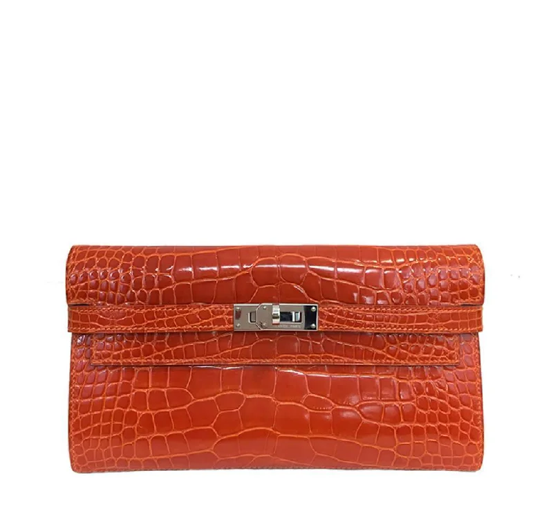 Designer bags with gold hardwareHermès Kelly Long Wallet Orange Alligator Bag