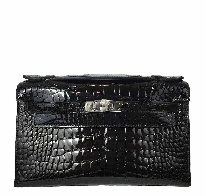 Trendy bucket bags for summerHermès Kelly Mini Pochette Black Crocodile Bag PHW