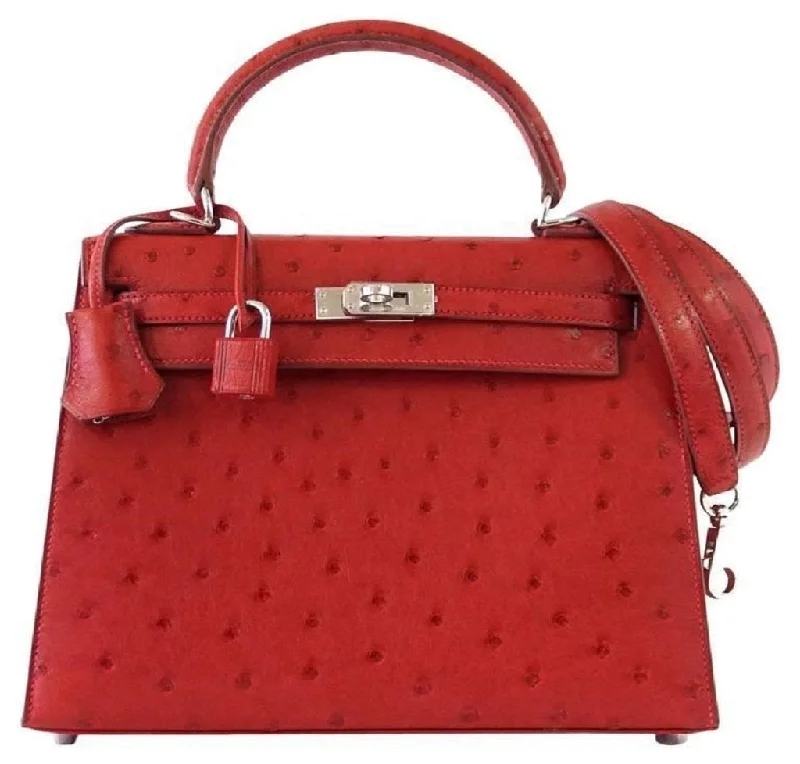 Trendy bucket bags for summerHermès Kelly Sellier 25 Rouge Ostrich PHW Bag