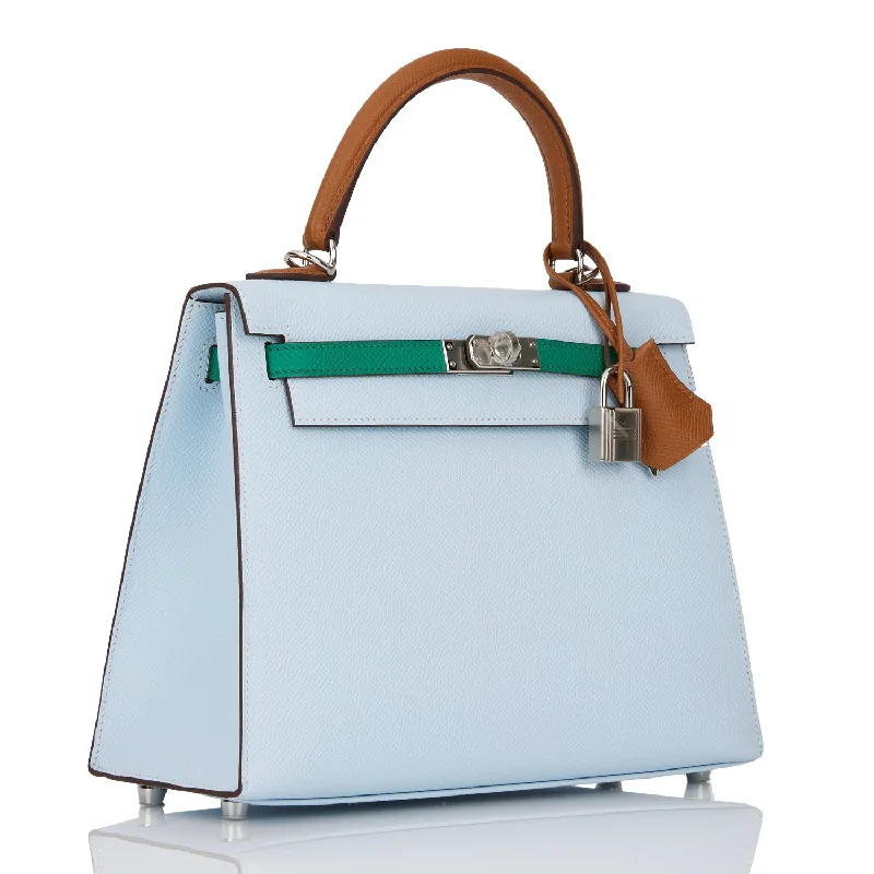 Luxury bags with chain strapsHermes Kelly Sellier 25 Tri-Color Bleu Brume, Vert Jade and Gold Epsom Palladium Hardware