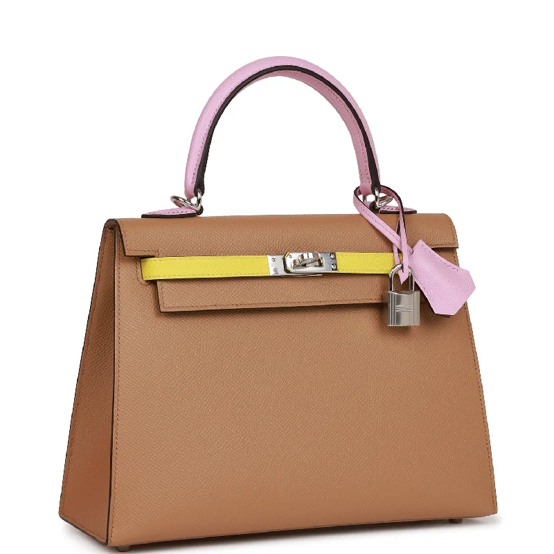 Minimalist leather handbagsHermes Kelly Sellier 25 Tri-Color Chai, Lime and Mauve Sylvestre Epsom Palladium Hardware