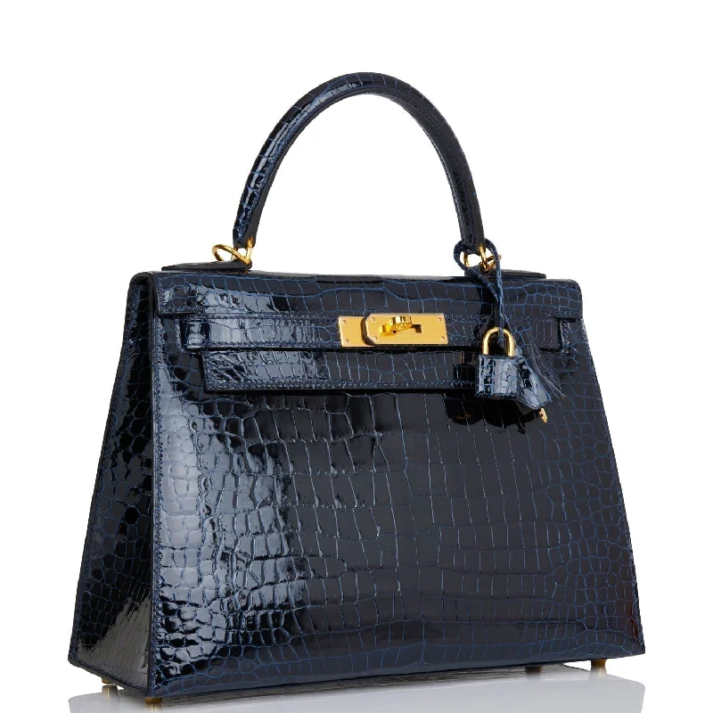 Vegan leather handbagsHermes Kelly Sellier 28 Bleu Baltique Shiny Porosus Crocodile Gold Hardware