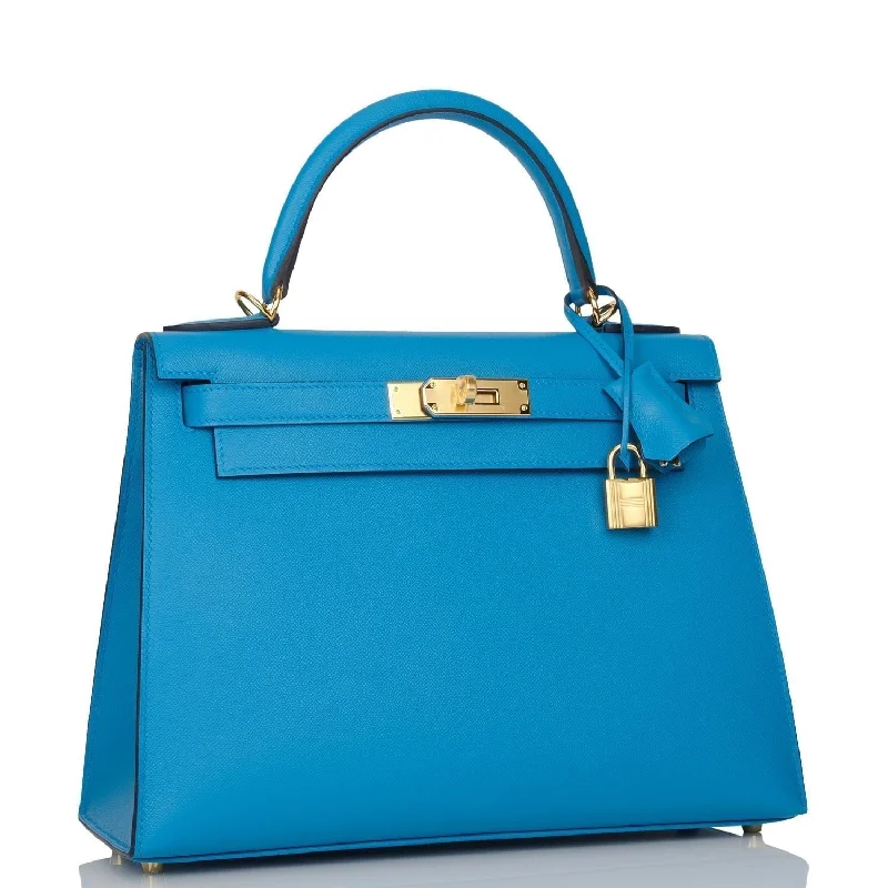 Designer bags with detachable strapsHermes Kelly Sellier 28 Bleu Frida Epsom Gold Hardware