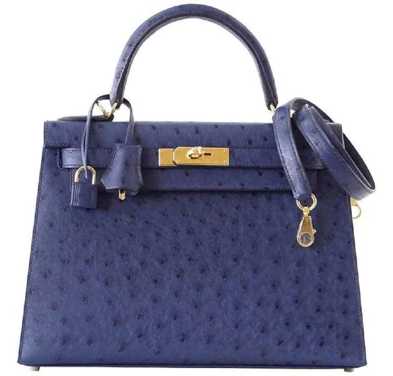 Minimalist leather handbagsHermès Kelly Sellier 28 Blue Iris Ostrich Bag