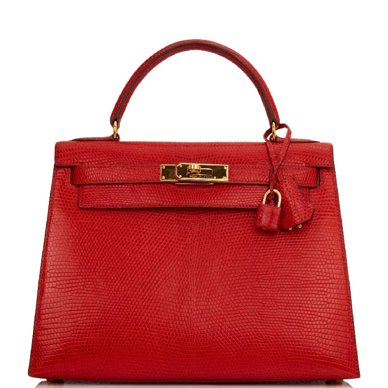 Sustainable fashion bagsHermes Kelly Sellier 28 Rouge Vif Lizard Niloticus Gold Hardware