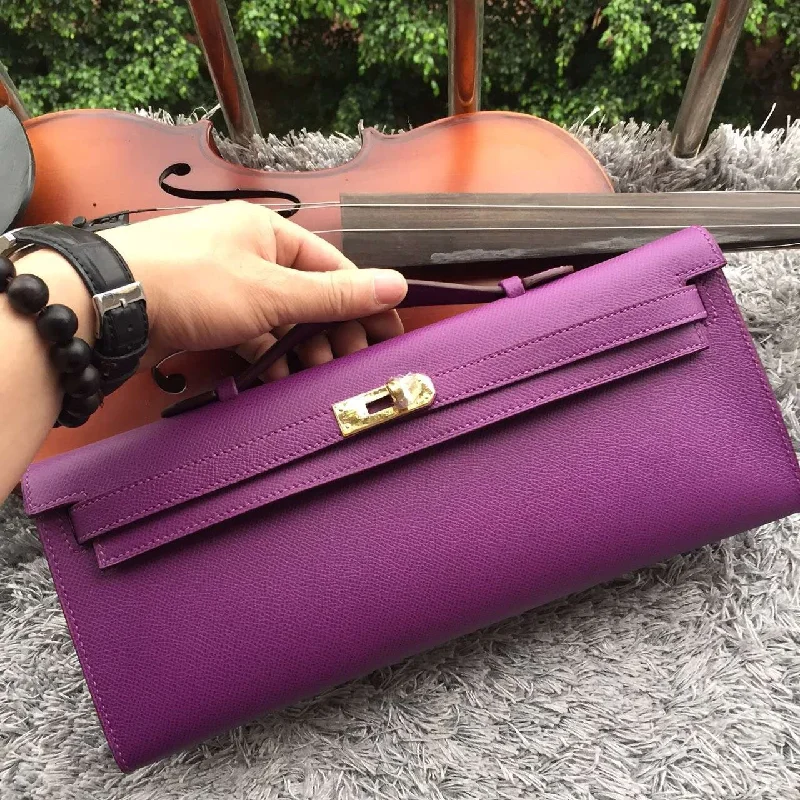 Durable leather bags for daily useHermes Purple Handcrafted Kelly Cut Clutch